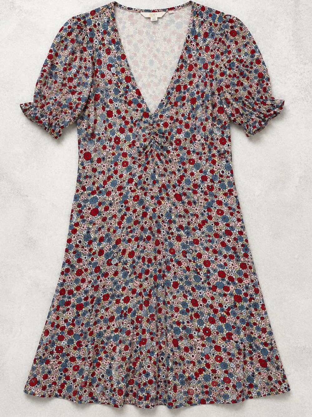 Boden Floral Ruched V-Neck Puff Sleve Dress | Size 6P | Excellent Condition